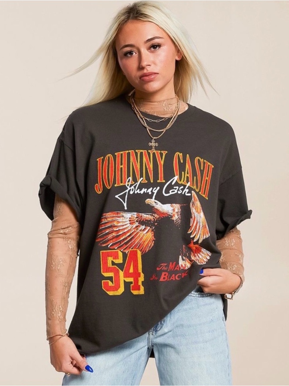 Johnny Cash Black Graphic Tee with Orange & Yellow Print
